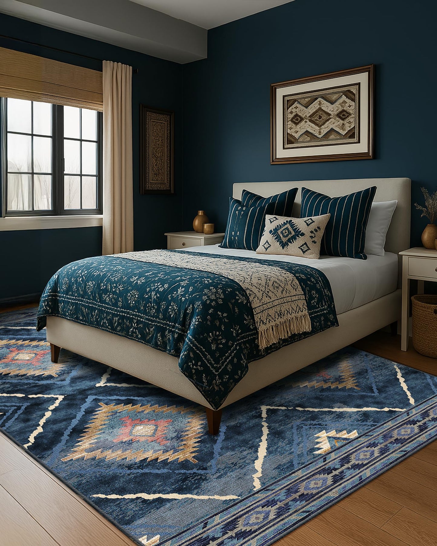 Area Rug 8x10 Rug Machine Washable Non-Slip Low Pile Print Pattern Western Rug for Living Room Bedroom Entryway Tribal Series -Darkblue