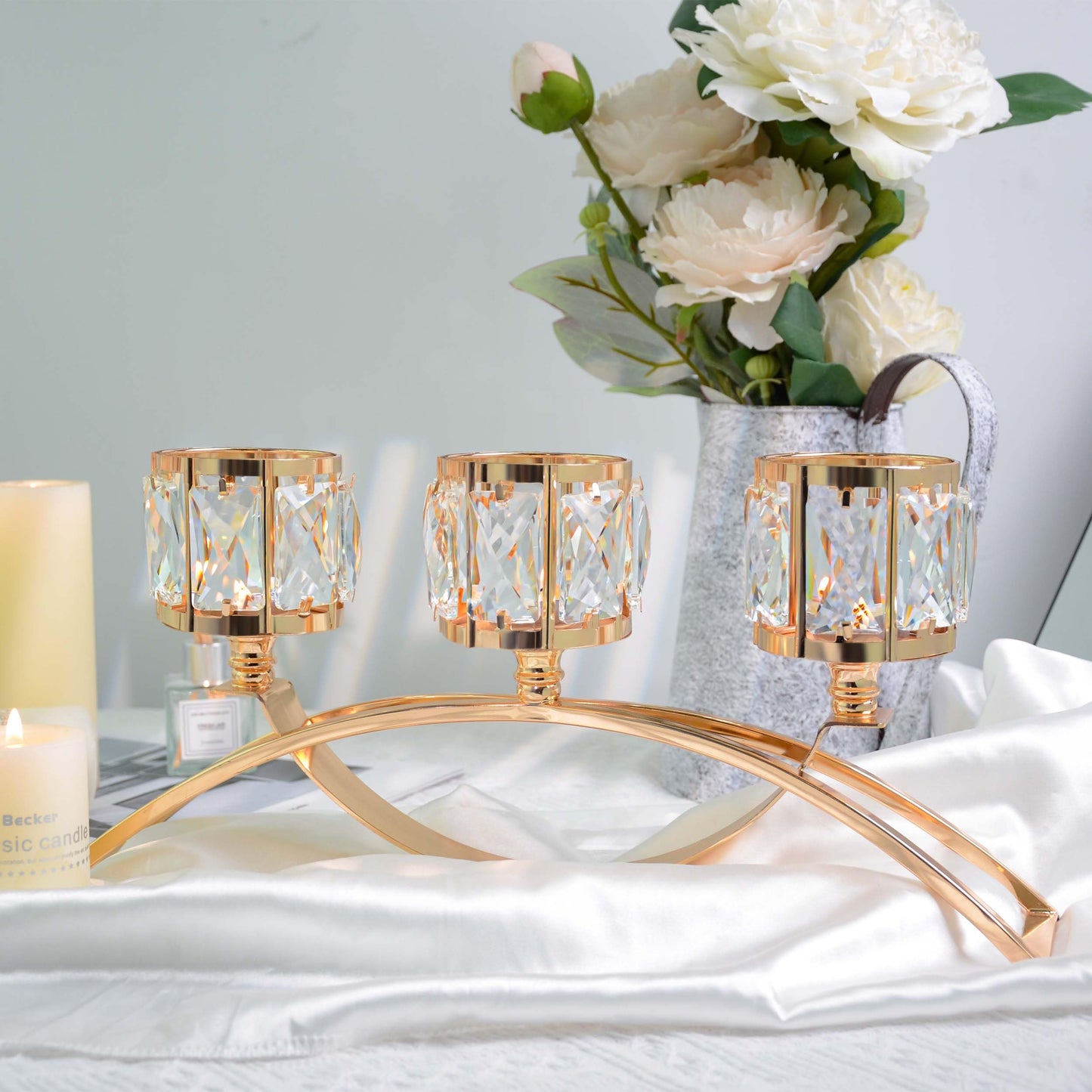 3 Arms Crystal Bowl Tealight Candelabra Votive Candle Stand, Candlestick Holders Wedding centerpieces for Tables Crystal Candlestick，Centerpiece Table Decorations (Gold)