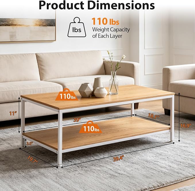 SUPER DEAL 2-Tier Coffee Table with Storage Shelf for Small Apartment Living Room, Rectangle Wood and Stable Metal TV Stand Side End Table, Natural Wood