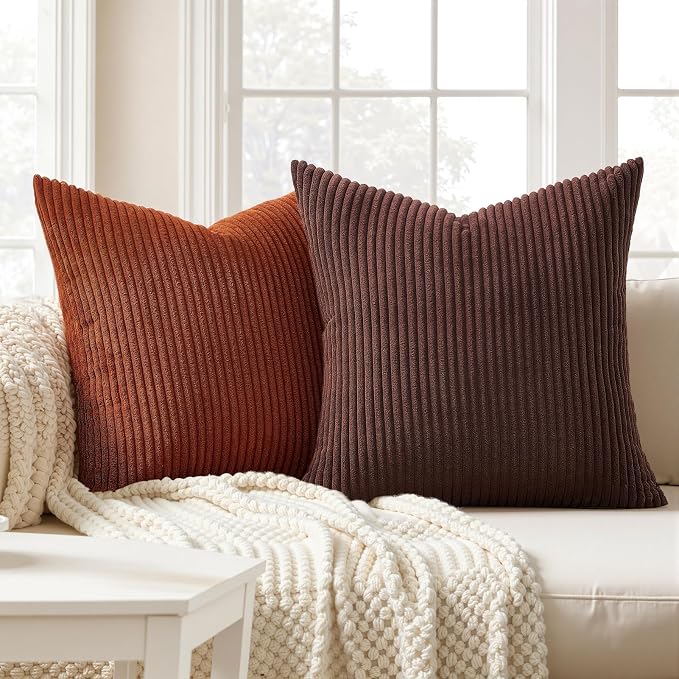 Topfinel 20x20 Decorative Pillow Covers Set of 4 Rustic Modern Soft Corduroy Striped Cushion Covers Beige Brown Gradient Farmhouse Pillow Case for Sofa Couch Living Room Bedroom