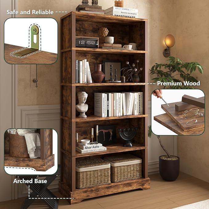 TVU 5-Tier Wooden Bookshelf, 65" Tall Farmhouse Style Open Bookcase, 31.5" W Standing Book Shelf with Storage, Suitable for Study, Living Room, Office, Rustic Brown