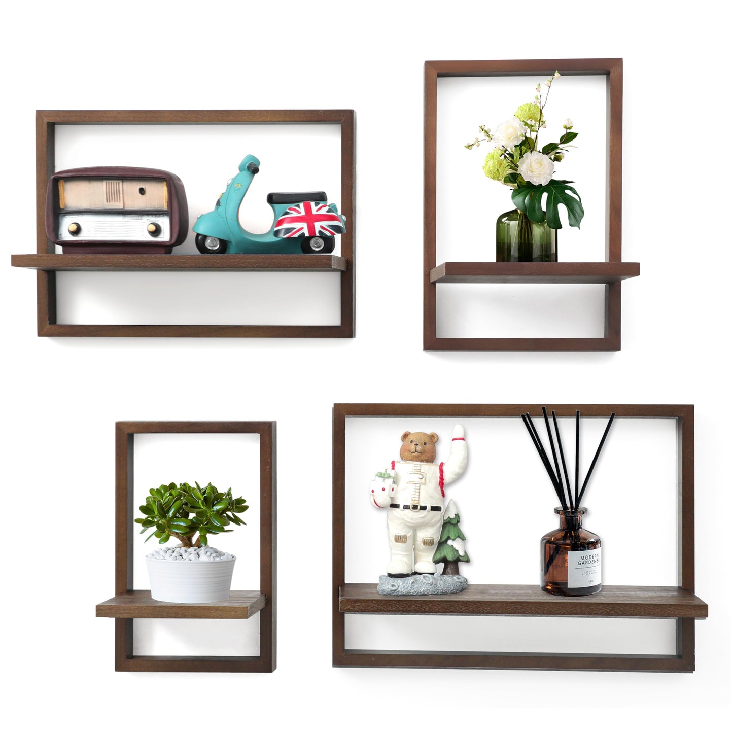 PHOENANCEE Square Floating Shelves,Framed Wall Shelf Decorative Set of 4,Modern Plants Hanging Display Art Decor Storage for Livingroom Bedroom Bathroom Farmhouse,Home Light Wood,Rustic Walnut