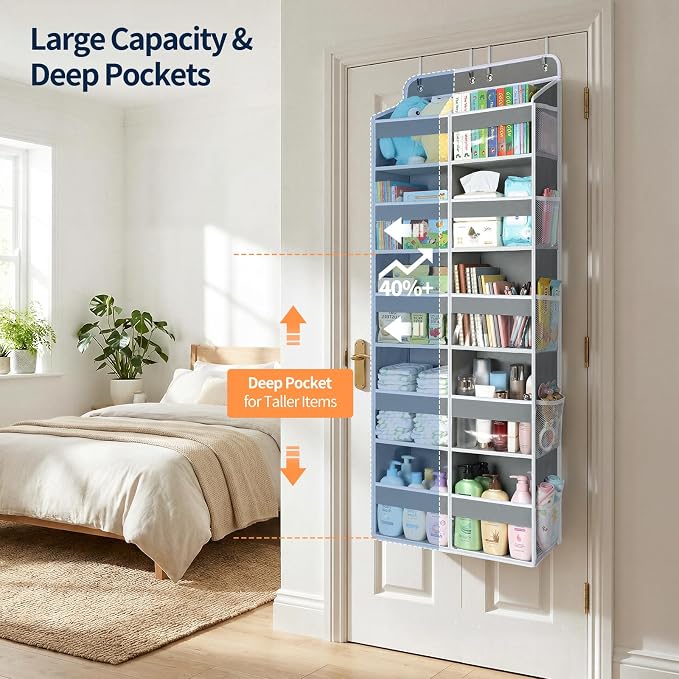 Yecaye Over The Door Organizer, 5 Tier Extra Large Behind Door Storage of 10 Compartments, 80lbs Heavy Duty Door Organizer Hanging with Clear Window for Closet Bedroom Pantry Bathroom, Grey