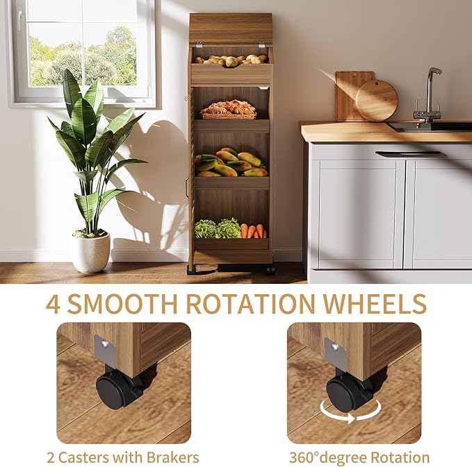 AwayHome 4 Tier Large Potato Storage Bin, Wood Bread Box with Lid and Wheels, Movable Potato and Onion Storage Bin,Decorative Fruit and Vegetable Organization Cabinet for Kitchen,Pantry