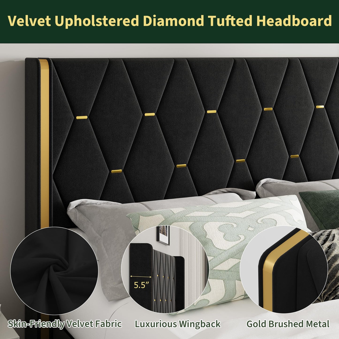 Garvee Queen Size Lift Up Storage Bed Frame with with Gold Wingback Headboard, Velvet Upholstered Bed Frame with Diamond Tufted Design & Gold Trim, Hydraulic Support, No Box Spring Needed, Black