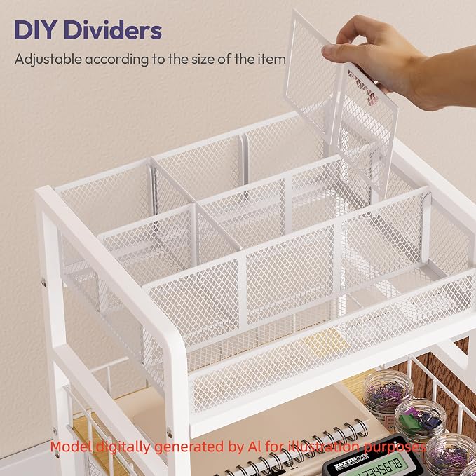 SWTYMIKI Rolling Cart with Drawers - Metal Craft Cart with Wheels, DIY Divider and Wood Shelf, Art Supply Organizer Craft Organizer and Storage, Utility Storage Cart for Home Office Studio, White