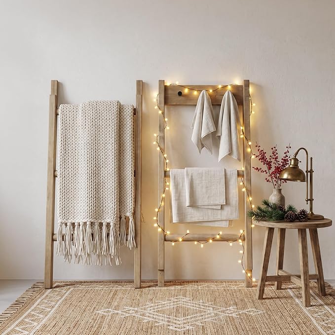 Wooden Blanket Ladder - Natural & Motley Wood - Leaning Wall Decor for Bedroom, Bathroom, Living Room - Rustic Quilt Holder & Towel Rack (Natural Wood Color + Hook, 76in（5-Tier）)
