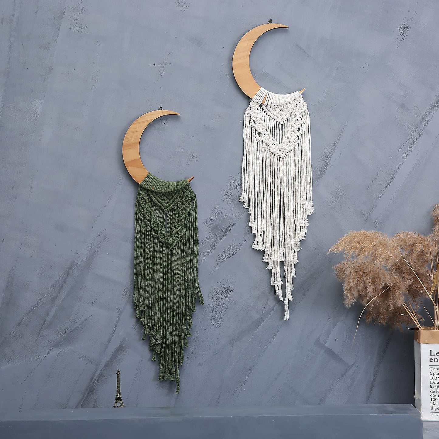 ANROYE Macrame Wall Hanging Boho Moon Decor, Bohemian Crescent Wooden Ornament with Long Tassel, Handmade Unique Wood Tapestry Home Decoration Wall Art Gift for Dorm Bedroom Nursery Living Room