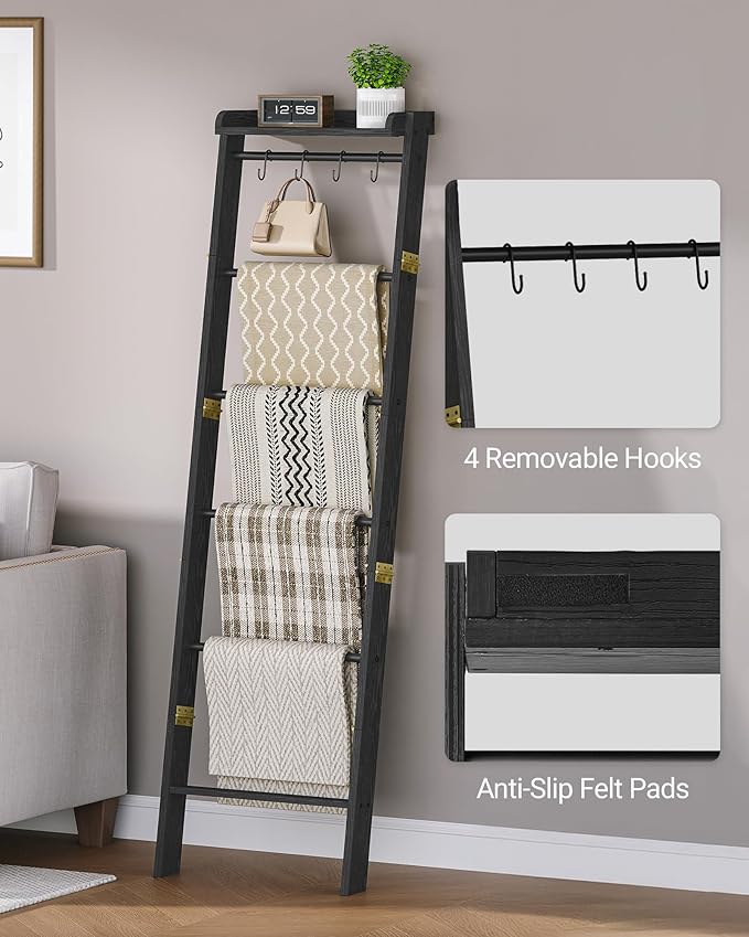 Hzuaneri Blanket Ladder Shelf, Decorative Quilt Rack, 7-Tier Farmhouse Ladder Holder Organizer with 4 Removable Hooks 7.9" D x 17.3" W x 66.9" H, Black BR36804B