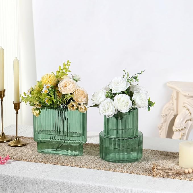 Green Glass Vases, Set of 2 Ribbed Vases for Flowers, Green Vase for Tulips, Modern Glass Vase for Living Room, Dining Table, Office, Entryway, Mantle, Bookshelf, Wedding Gifts
