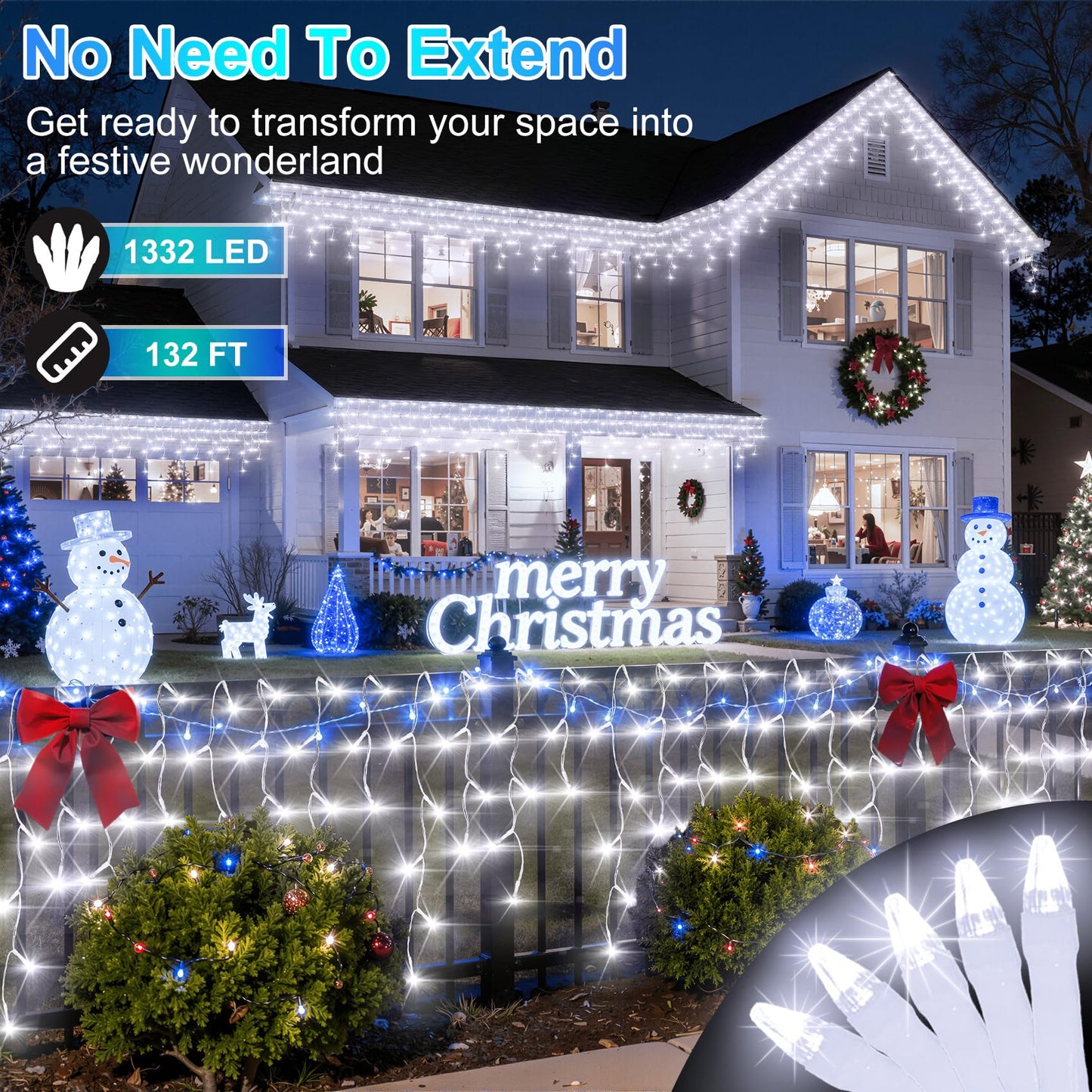 1332 LED 132FT Christmas Lights with 296 Drops, 12 Modes Dimmable Cool White Outdoor Hanging Lights with Timer Memory, Waterproof Curtain Lights for Home Bedroom Indoor Tree Window Roof Fence Wedding