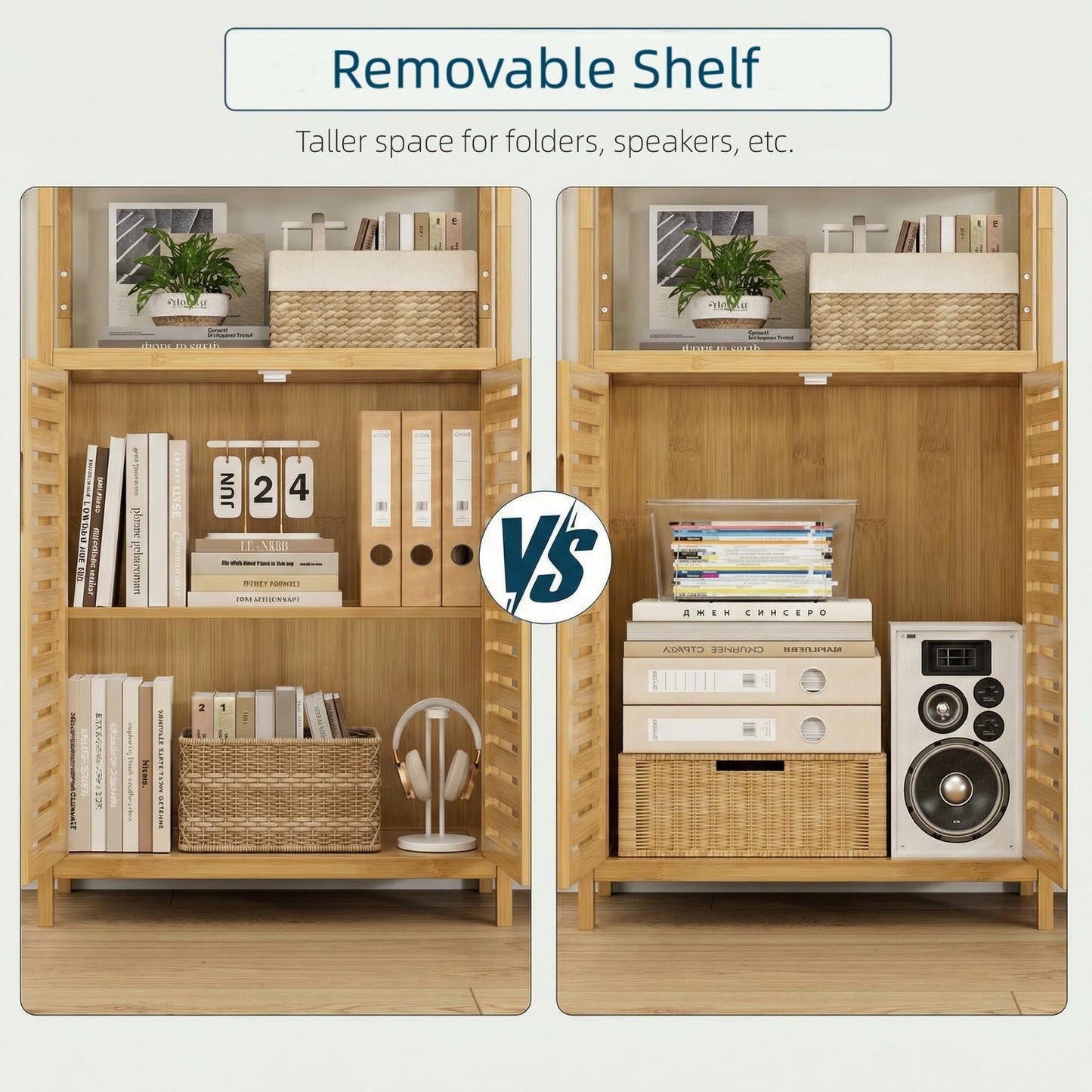 HIFIT 2 Set Tall Shelf Unit Bamboo Storage Cabinet with Doors, 5-Tier Bookshelves and Bookcases with Storage and Display, 67" Tall Cabinet w/Plant Stand for Bathroom,Living Room,Kitchen Dining,Balcony