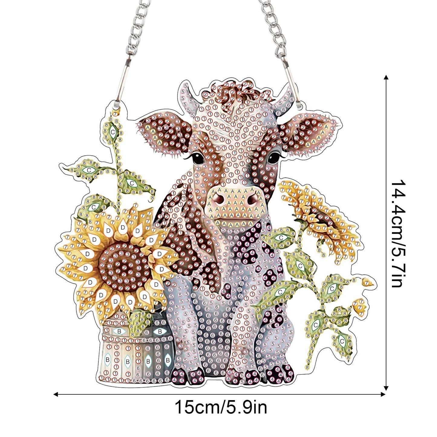 Sunflower and Cow Diamond Art Hanging, DIY 5D Diamond Painting Ornament with Rhinestones, Handmade Craft Gift for Wall, Door, Window, Home or Garden Decor