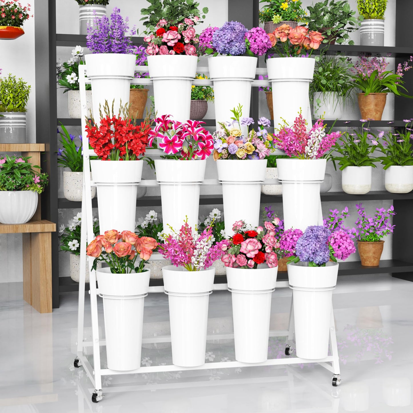 Asee'm Flower Display Stand with Buckets, 3 Layer Metal Flower Bar Stand, Heavy Duty Flowers Cart Display with Wheels Moving Plant Bouquet Shelf for Indoor Outdoor Patio Decor Terrace Wedding White