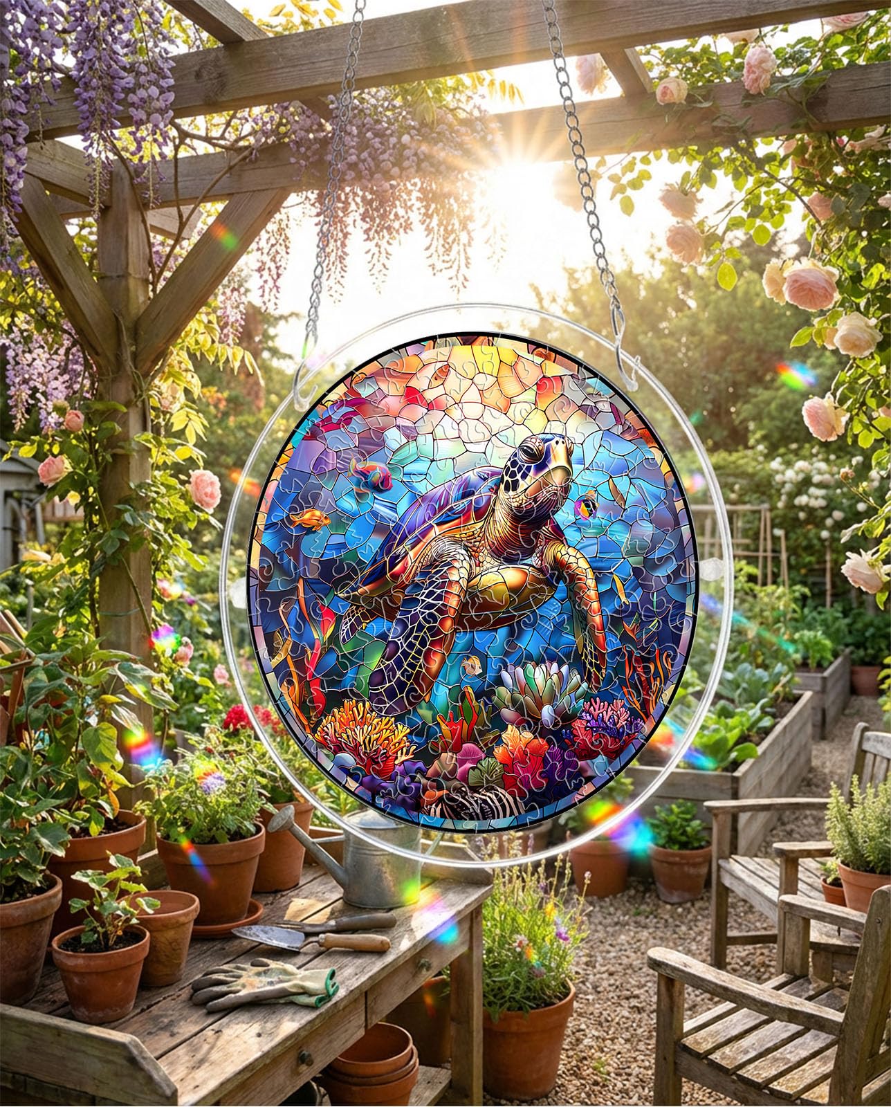 Acrylic Jigsaw Puzzle Suncatcher - Ocean Turtle, Stained Glass Window Hanging, DIY Sun Catcher Kit Home Decor for Window Garden Hanging, Gift for Women, Mom, Friends (8.9 in)