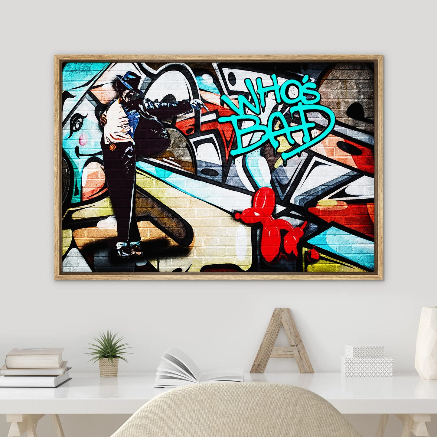 SIGNWIN Framed Canvas Wall Art Michael Jackson Who's Bad Abstract Painting Graffiti & Street Art Famous People Pop Art Modern Urban Multicolor for Living Room, Bedroom, Office - 16"x24" Natural