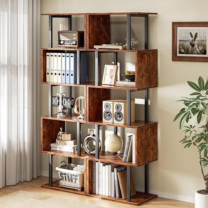 Furologee 6 Tier Bookshelf, Tall S Shaped Geometric Bookcase, Modern Display Shelf Standing Unit, Wood Metal Decorative Divider Rack for Living Room Bedroom Office, Rustic Brown