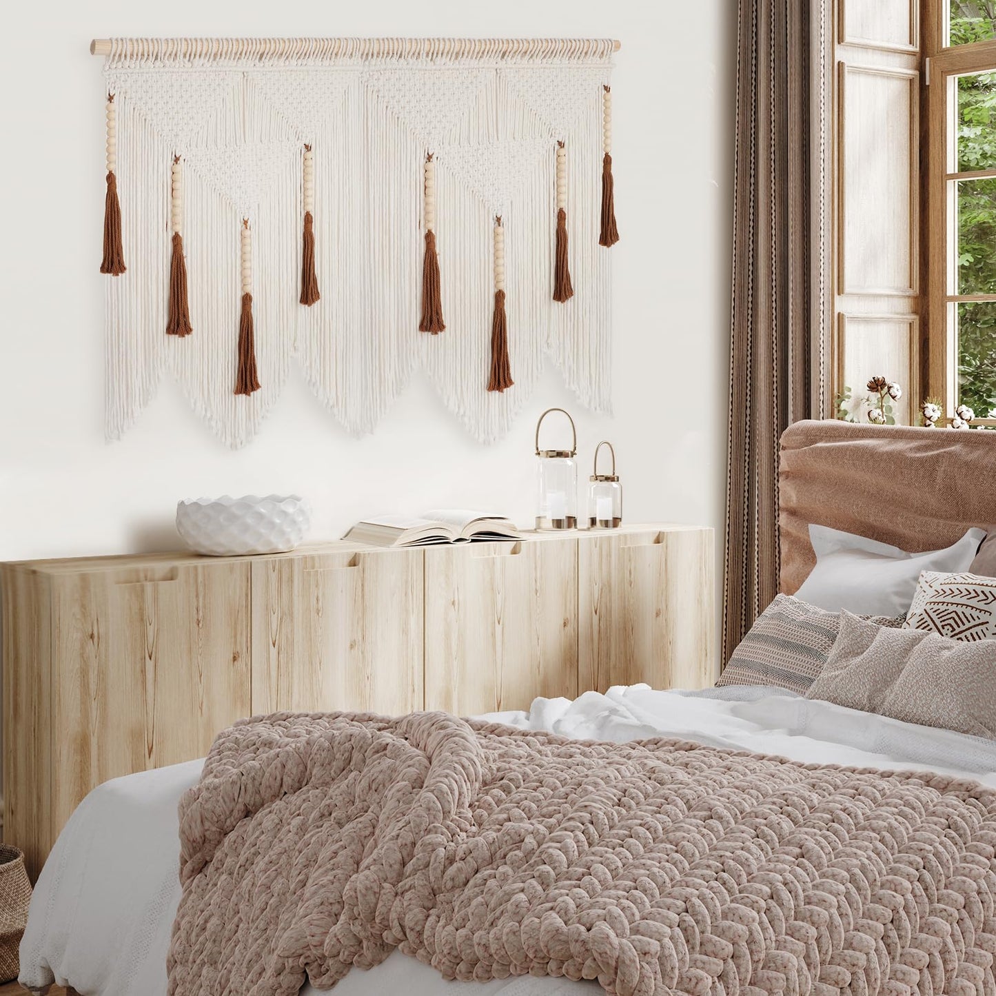 ANROYE Large Macrame Wall Hanging, Boho Woven Tapastry with Wood Bead Tassel, Above Bed Minimalist Decor for Bedroom, Bohemian Art Decoration for Living Room Apartment Home