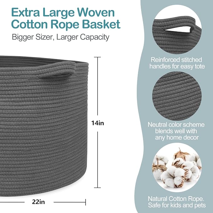 MEGASKET Large Dark Grey Storage Basket, Woven Cotton Rope Baskets for Storage, Big Blanket Organizer Storage Basket for Living Room, Kids Room Toy Storage Organizer Box, Blanket Keeper (22"x14")