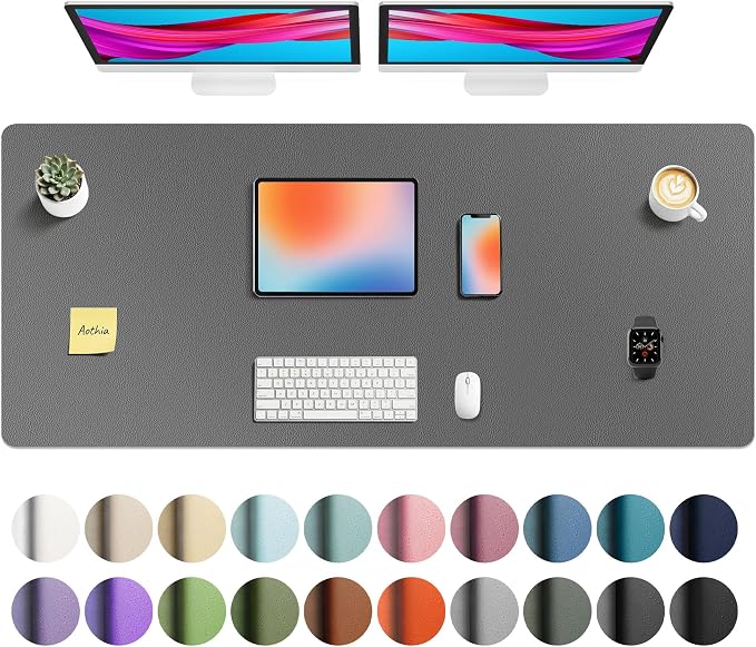 Aothia Faux Leather Desk Mat - Non-Slip PU Leather Desk Blotter, Waterproof Writing Surface, Large Desk Pad for Office & Home (Grey, 55" x 24")