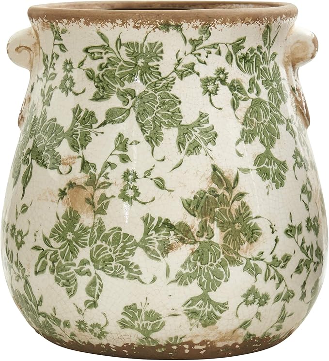Nearly Natural 10in Ceramic Decorative Vase, Tuscan Style Green Scroll Design for Indoor Home Shelf Table Decor