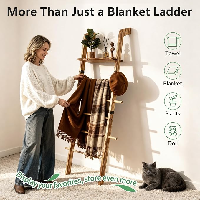 67" Wooden Blanket Ladder with Shelf and Hooks, 6-Tier Blanket Ladder for Living Room, Wall-Leaning Towel Ladder and Quilt Rack Storage, Farmhouse Decor Ladder for Display