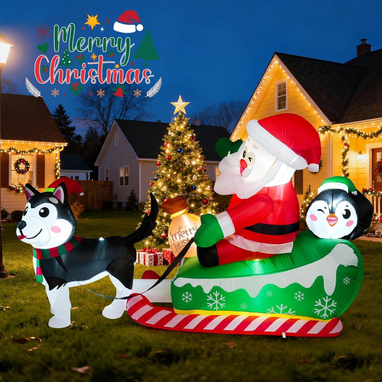 Meland Christmas Inflatables Outdoor - 9.5 FT Christmas Blow Ups Yard Decorations with Lights & Three Characters - Dog, Santa Clause on Sleigh, Penguin, Inflatable Decorations for Outside, Lawn Decor