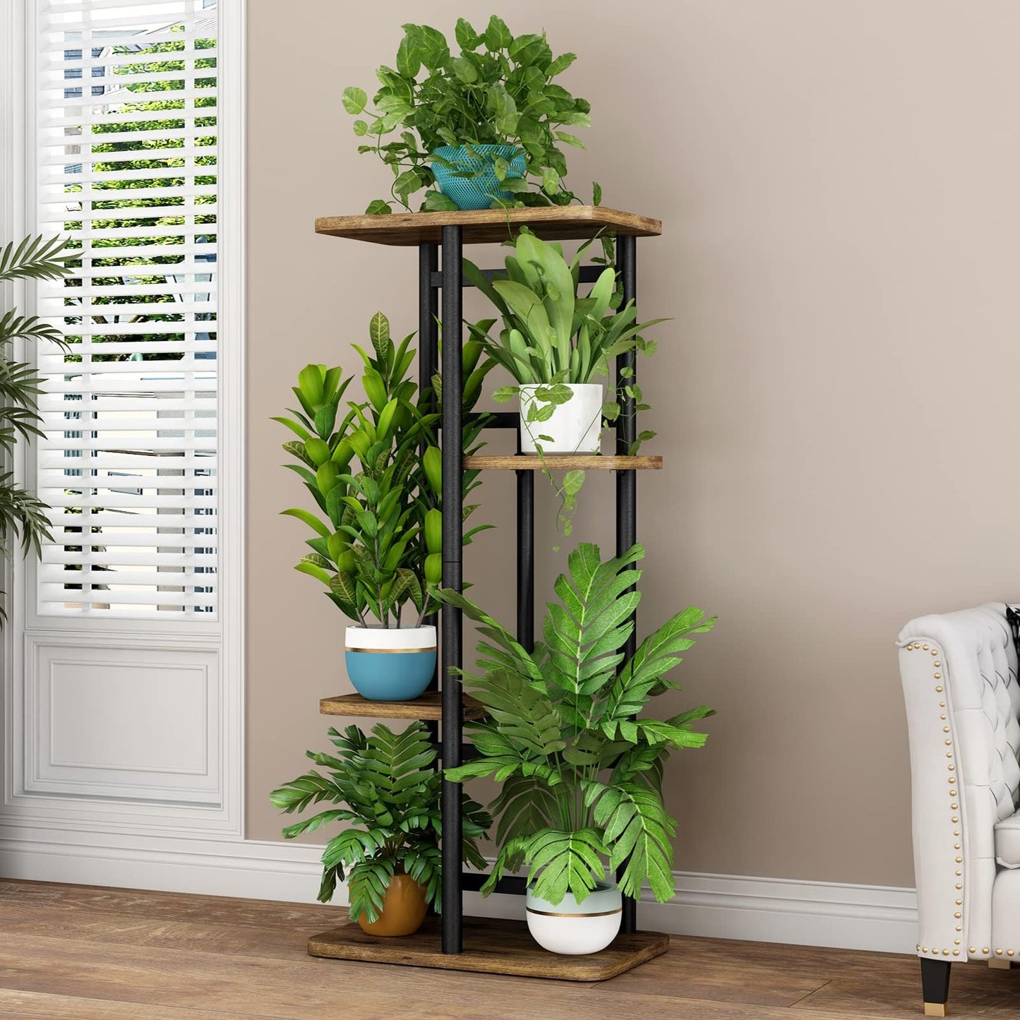 LINZINAR Plant Stand Indoor 4 Tier 5 Potted Multiple Plant Shelf Stands for Garden Corner Balcony Living Room Black