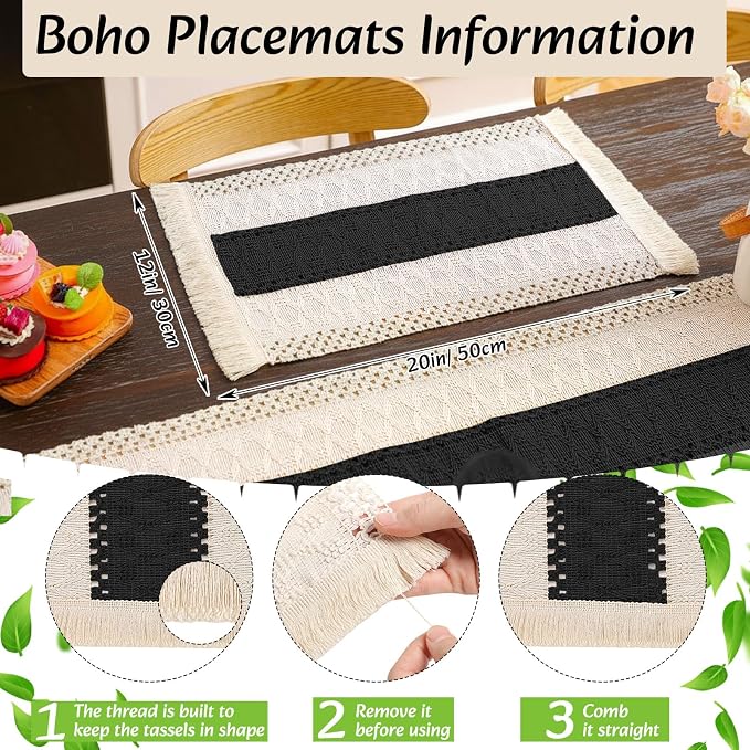 6 Sets Boho Decoration Placemats Round Woven Placemats, Cloth Napkins, Wood Bead Napkin Rings, Long Table Runner and Farmhouse Burlap Cotton for Table Kitchen (Black,12x72)