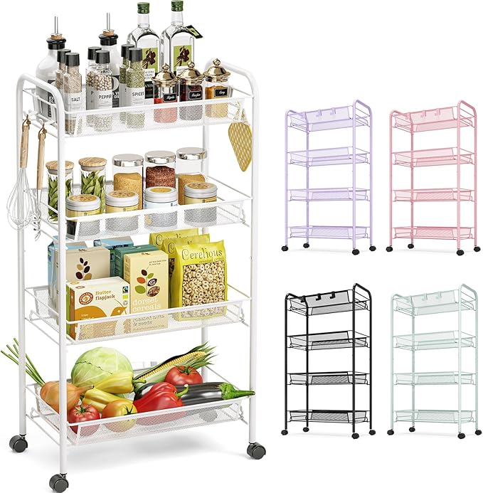 TOOLF 4-Tier Rolling Cart, Metal Utility Cart with 3 Hooks, Easy Assemble Mobile Storage Trolley On Wheels, Metal Shelving Units Kitchen Bathroom Laundry Room