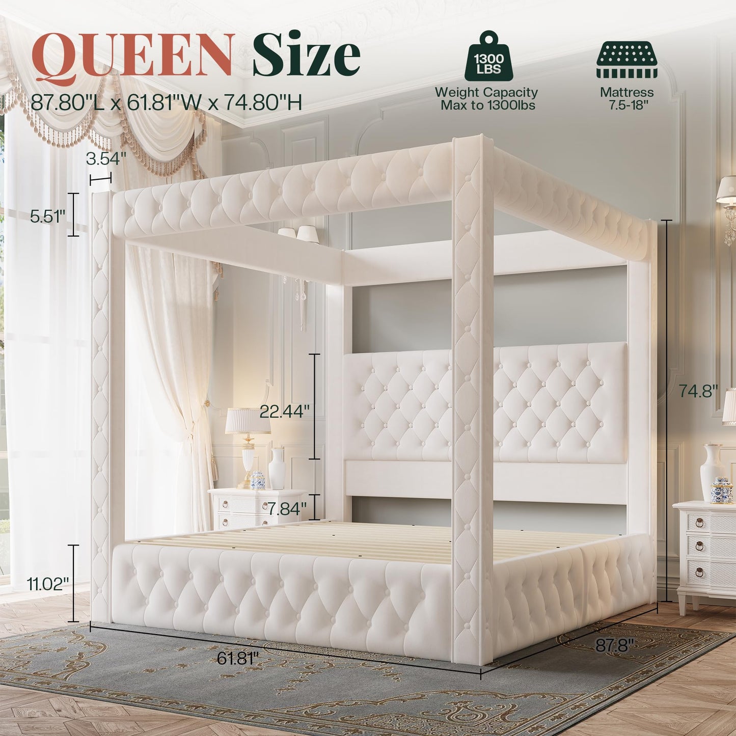 Jocisland Upholstered Canopy Bed Frame Queen Size with 74.8" Tall Four Poster and Velvet Deep-Tufted Tall Headboard with Charging Station/Modern Luxury Style/No Box Spring Needed/Cream
