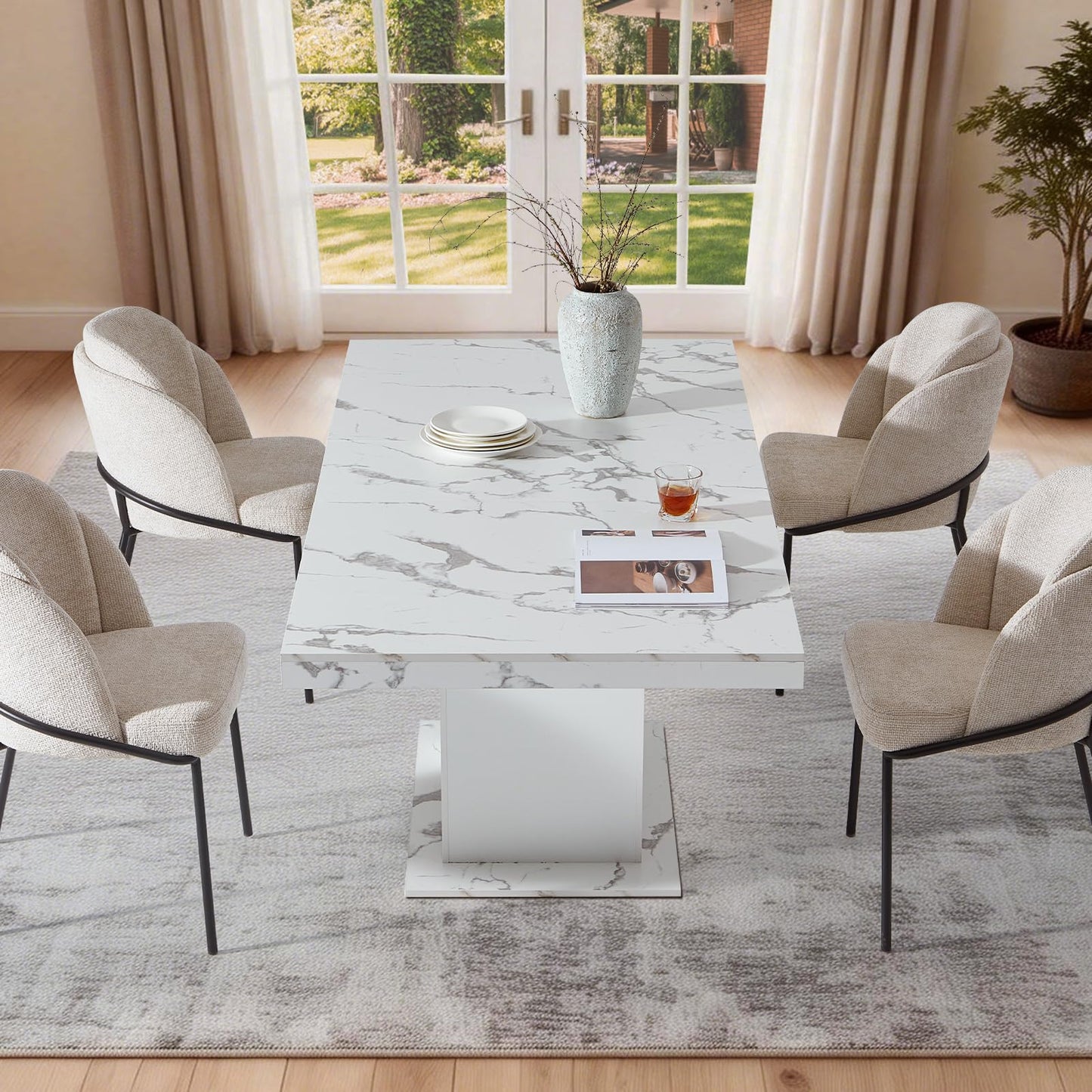 Senfarime Dining Table Extendable 63 in-79 in for 4-8 Expandable Wood Rectangle with Fluted Base for Dining Room Kitchen Living Room Furniture Marble White