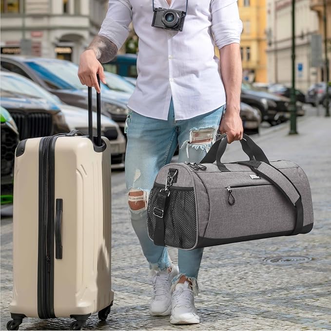 TOPDesign Gym Bag for Women & Men, Unisex Duffel Bag with Shoe Compartment & Wet Pocket for Travel Sports Gym (L Textured Grey)