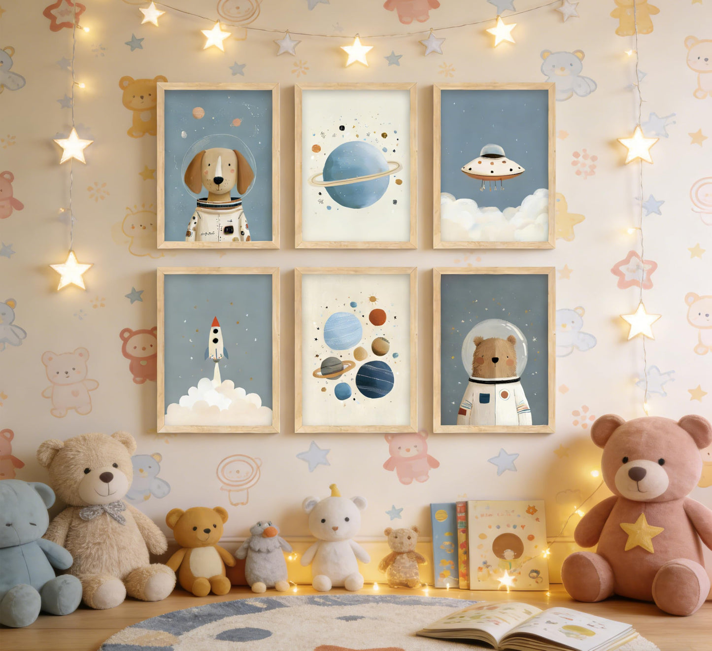 Puncland Cute Space Nursery Wall Art Funny Planet Rocketship and Astronaut Poster Cute Animals Decor Pictures Whimsical Adventure Nursery Painting Print Artwork for Nursery and Kids Bedroom Unframed