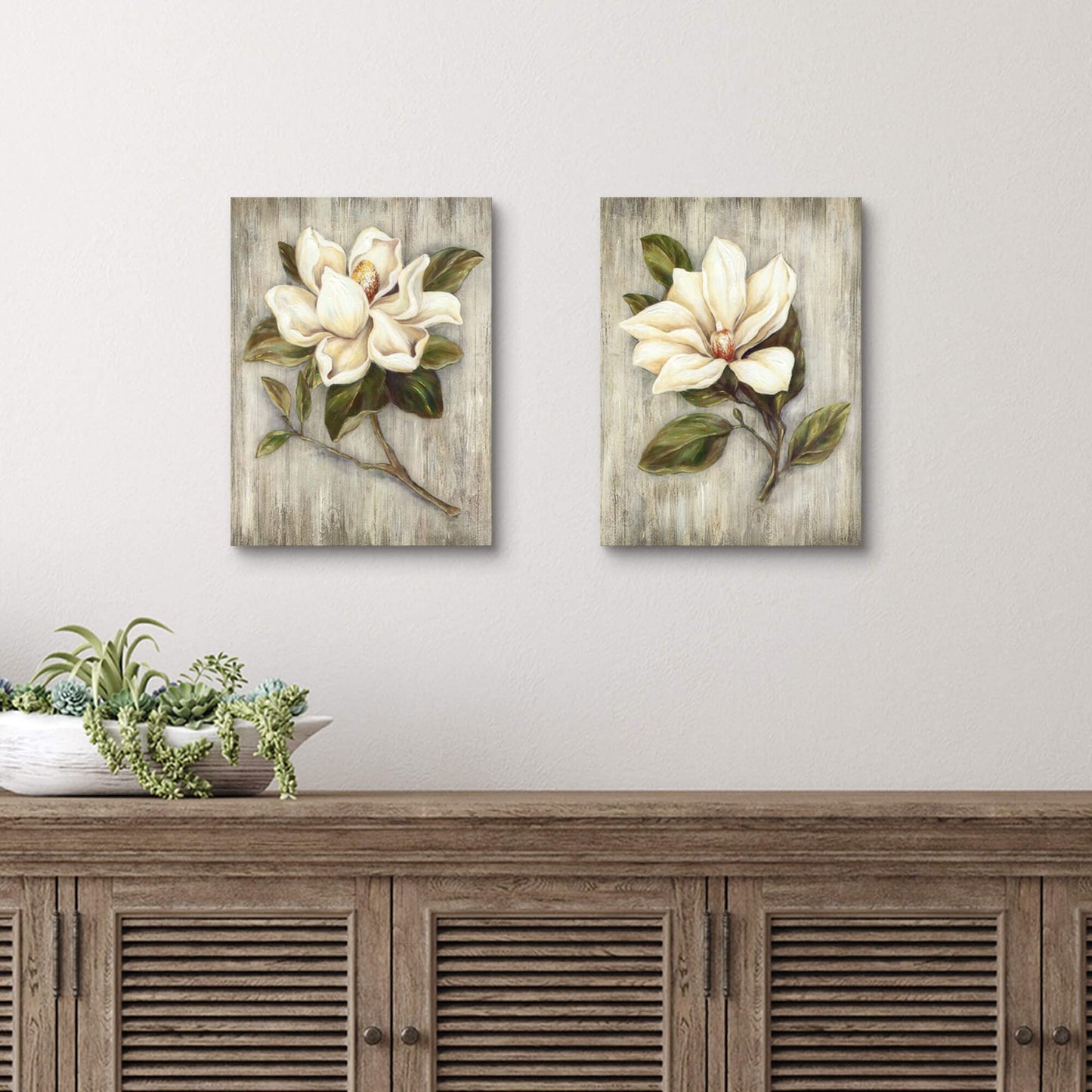 ArtSquare Magnolia Floral Canvas Wall Art: White Flower Artwork on Wood Texture Rustic Nature Blossom Painting Elegant Nature Picture Ready to Hang Prints for Bedroom Kitchen Dining Room