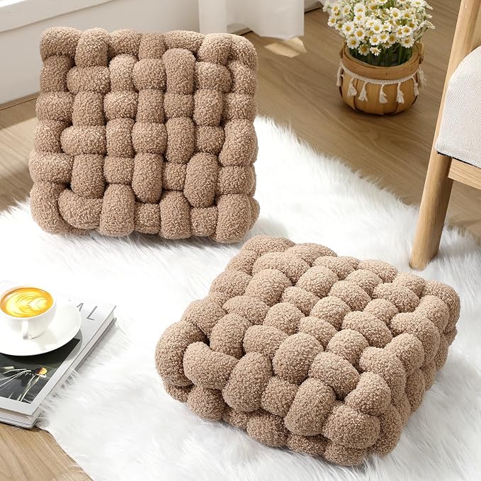 Wenqik 2 Pcs Knot Pillows Square Knotted Plush Throws Soft Accent Pillows Decoration Cushion for Couch Home Office Living Room Bedroom Bed Sofa Decor, 12'' x 13''(Khaki,Lambswool)