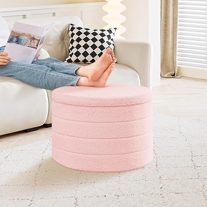 PINPLUS Ottoman with Storage, Foldable Round Ottoman Sherpa Stool with Tray, Boucle Foot Rest for Living Room, Bedroom, Dorm(Pink)