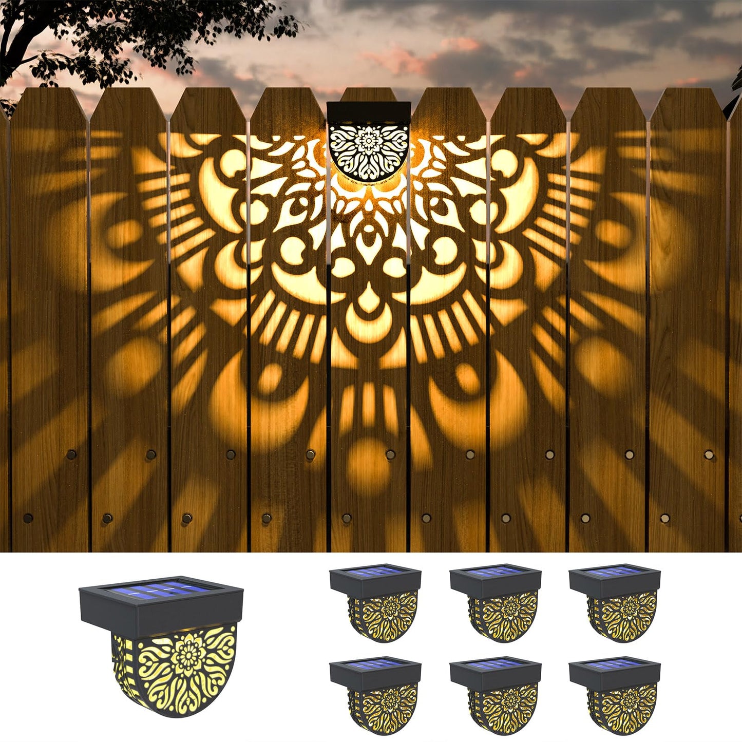 EKQ 6 Pack Solar Fence Lights Outdoor Wall Lights Black Plastic Solar Powered Deck Step Stair Lights Mandala Theme Waterproof Fence Solar Light for Garden Post Patio Backyard Yard Decor