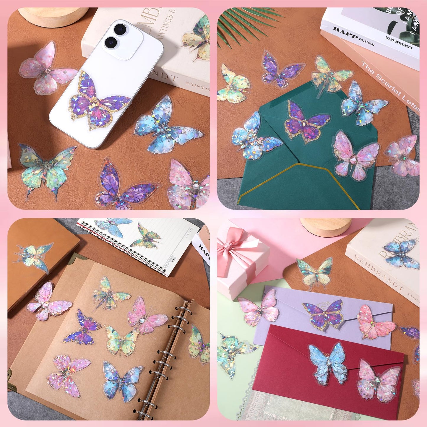80PCS Holographic Glitter Butterfly Stickers Transparent Pretty Shiny Butterfly Decals Waterproof Transparent PET Decals for Scrapbooking Journaling Planners Phone Water Bottle DIY Crafts