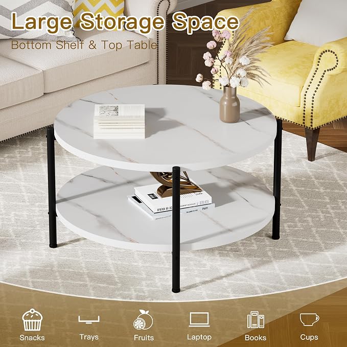 FAMIDGE Round Coffee Table, 27.6" Circle Coffee Table for Living Room, 2-Tier Wood Accent Center Table with Open Storage Industrial Design Home Furniture, White