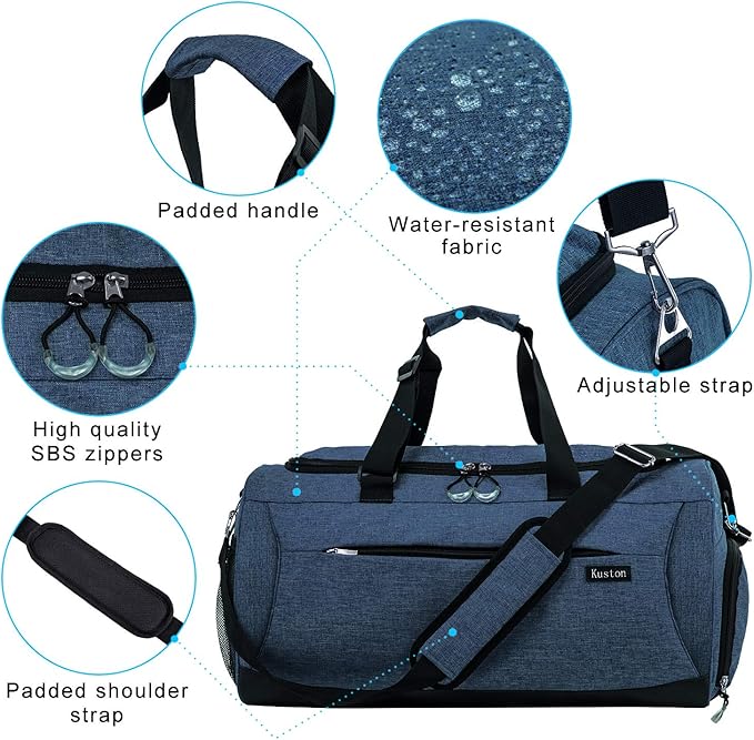 Kuston Sports Gym Bag with Shoes Compartment &Wet Pocket Gym Duffel Bag Overnight Bag for Men and Women