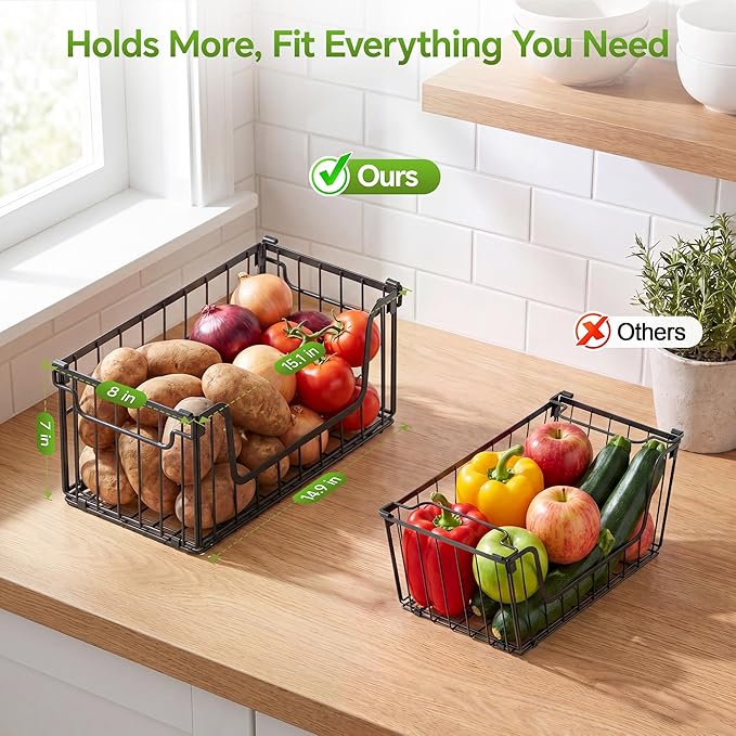 MSERCUOR 4 Pack Foldable Wire Basket for Pantry Organizers and Storage, Stackable Vegetable Fruit Basket for Kitchen Counter, Black Potato and Onion Storage Bin