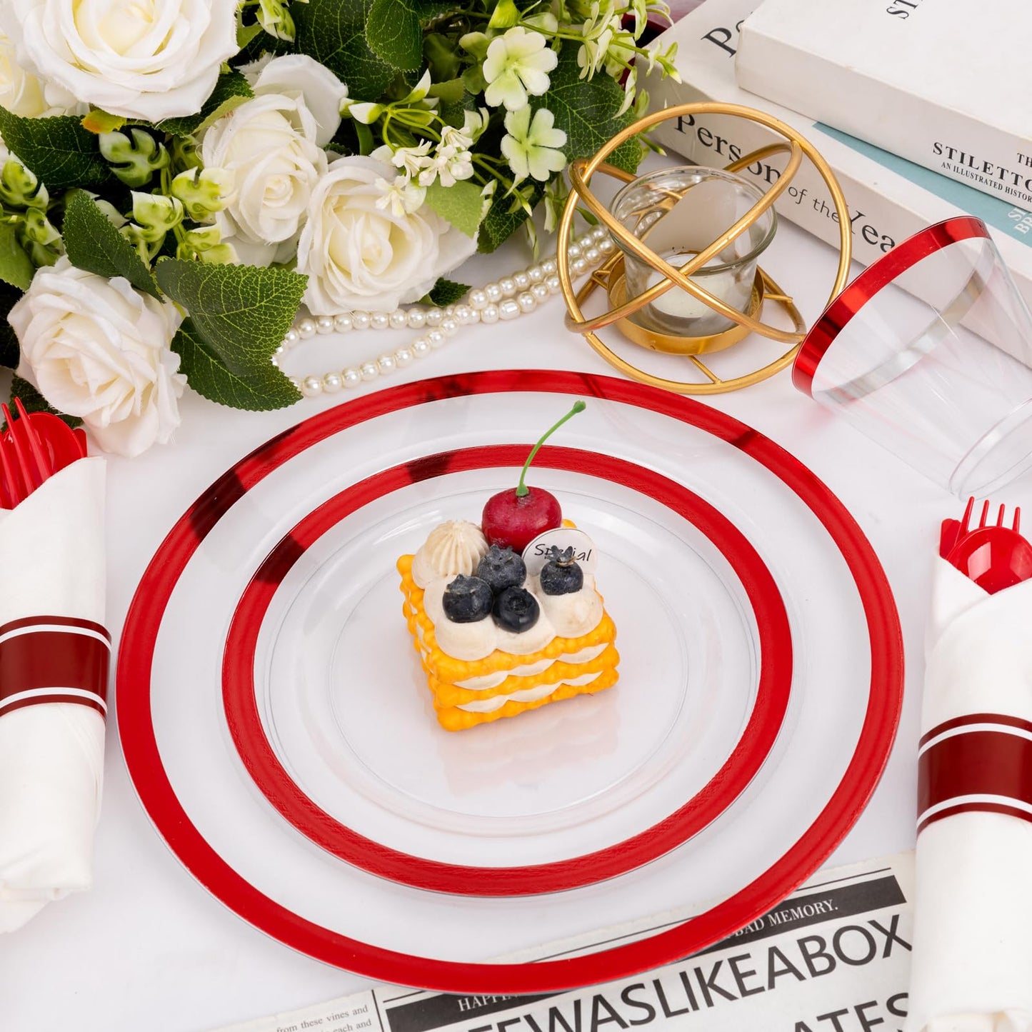 Liacere 350PCS Clear and Red Plastic Mothers Day Plates and Napkins for 50Guests Plastic Dinnerware Set:100 Red Disposable Plates 50 Pre Rolled Napkins with Cutlery,50 Cups for Mothers Day&Graduation