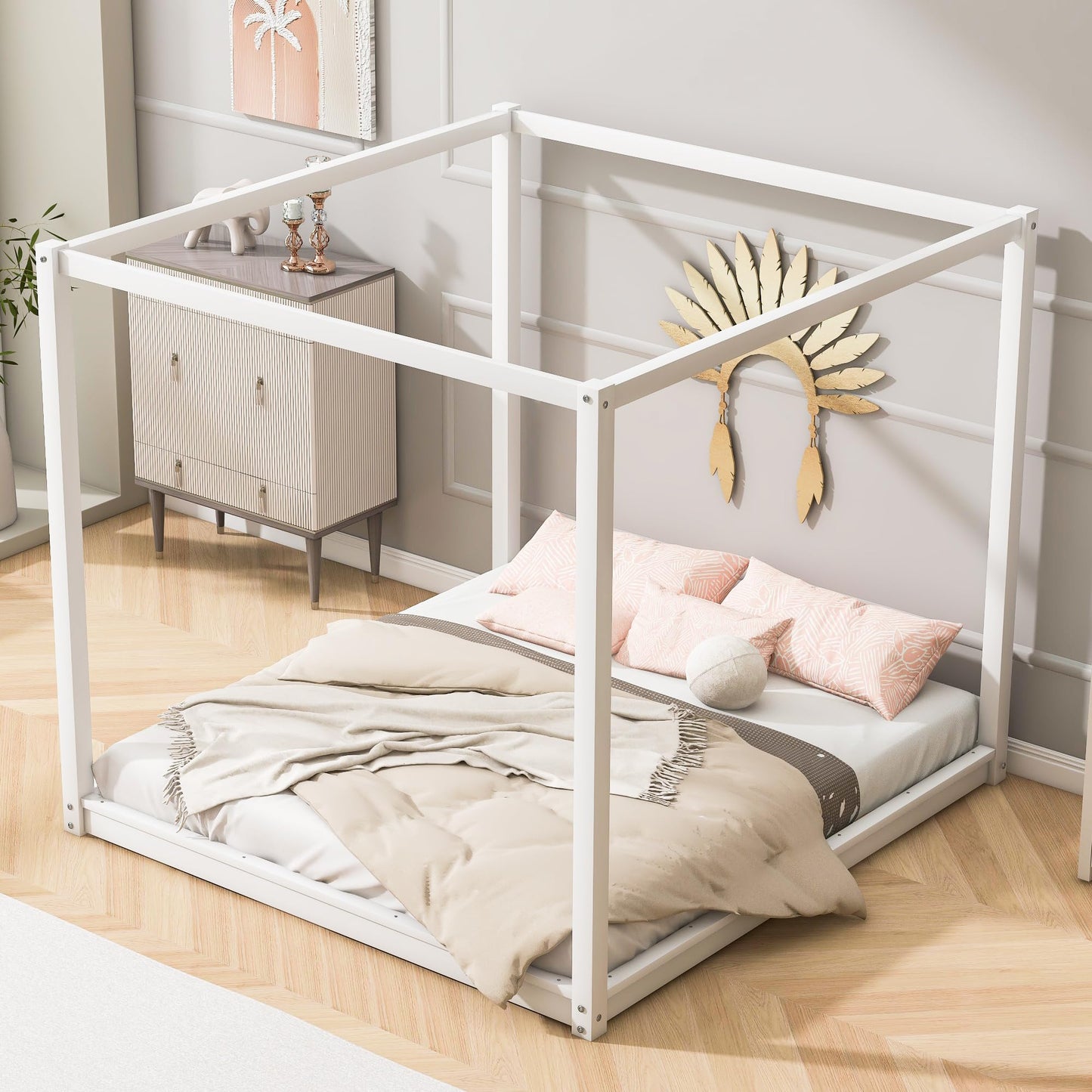Merax Wooden Canopy Platform Bed Frame King Size Floor Bed/Mattress Foundation with Slat Support White