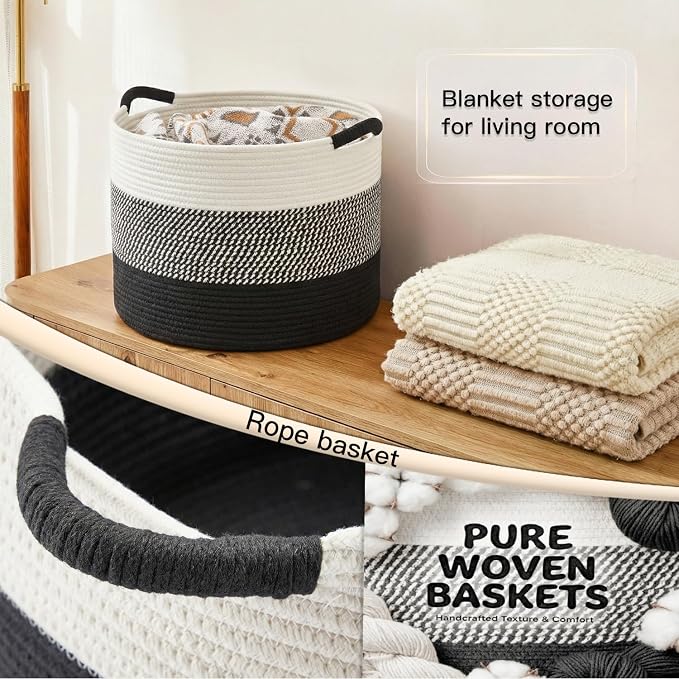 Artfeel 70L Large Cotton Rope Basket, Decorative Woven Blanket Storage for Living Room, Boho Toy Storage & Toy Box for Kids, Versatile Laundry Basket & Nursery Hamper for Blankets(Black)