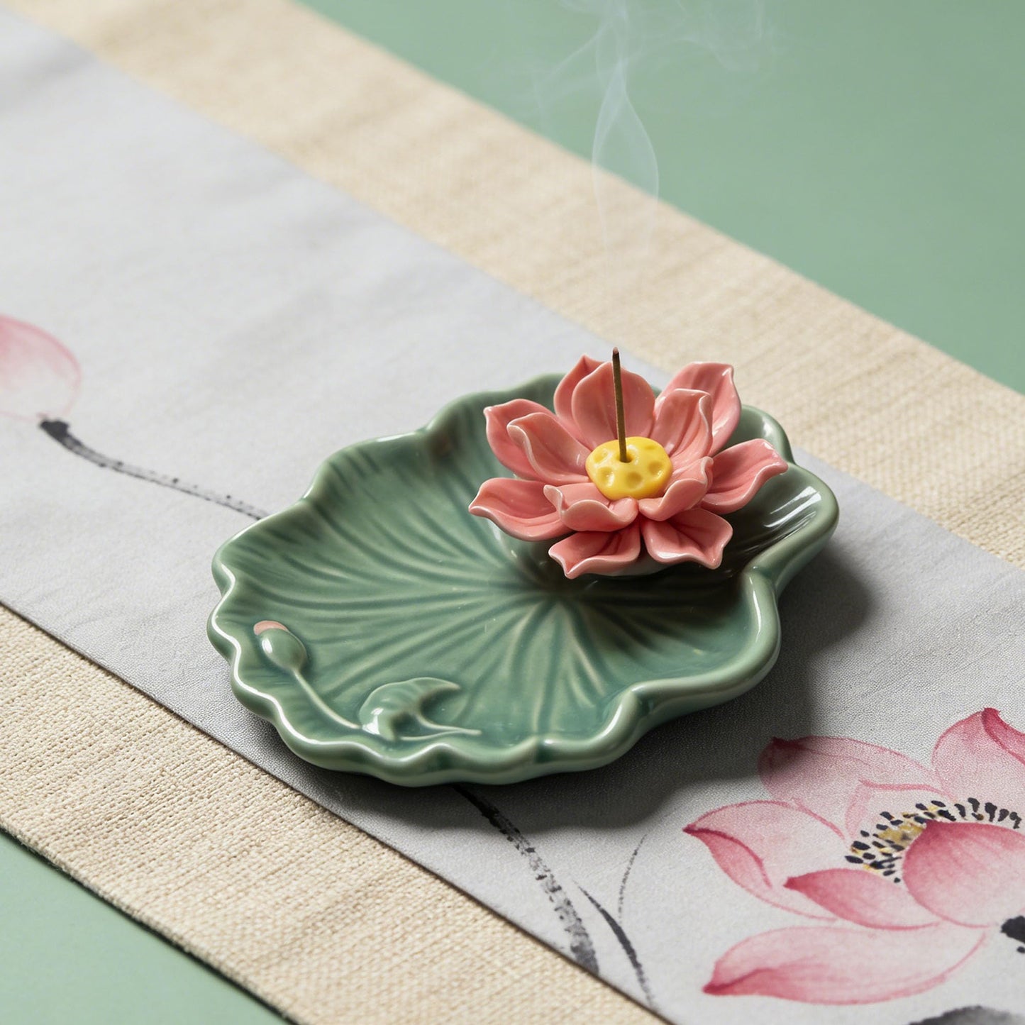 Lotus and Leaf Incense Stick Holder with Hole, Green Porcelain Incense Tray Ash Catcher for Spa, Meditation Room, Yoga, Home, Office, Ash Tray, Jewelry Tray