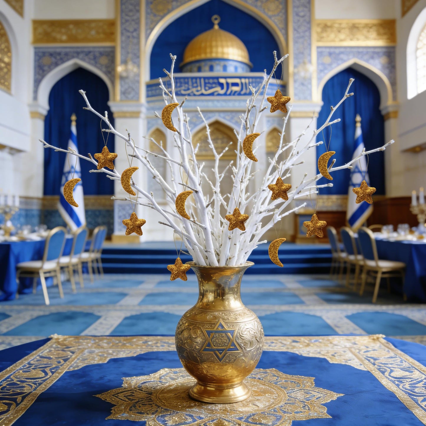 Deloky 40 Pcs Glitter Eid Mubarak Ornaments, Gold Moon Star Hanging Ramadan Tree Ornaments, Shining Ramadan Kareem Moon Star Pendant Decorations for Islamic Muslim Festival Party Home Decor
