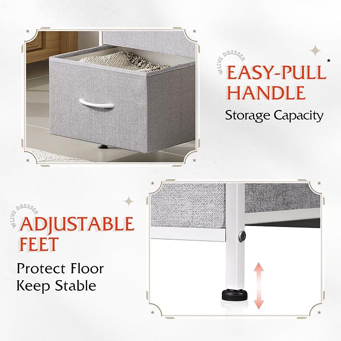 WLIVE Nightstand with 3 Drawers, Fabric Dresser, Organizer Unit, Storage Dresser for Bedroom, Hallway, Entryway, Closets, Sturdy Steel Frame, Wood Top, Easy Pull Handle, Light Grey