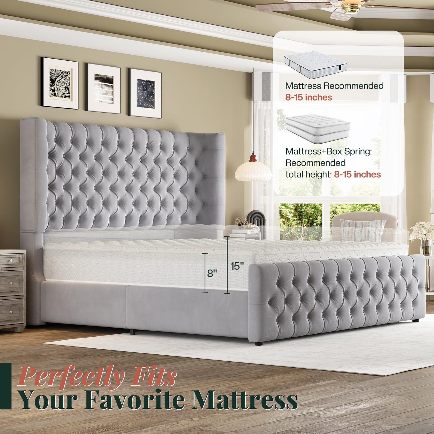 Jocisland Queen Size Platform Bed Frame, 6.3" Thick Upholstered Curved Wingback Headboard and Footboard with Deep Button Tufted, Easy Assembly, No Box Spring Needed, Light Grey Velvet