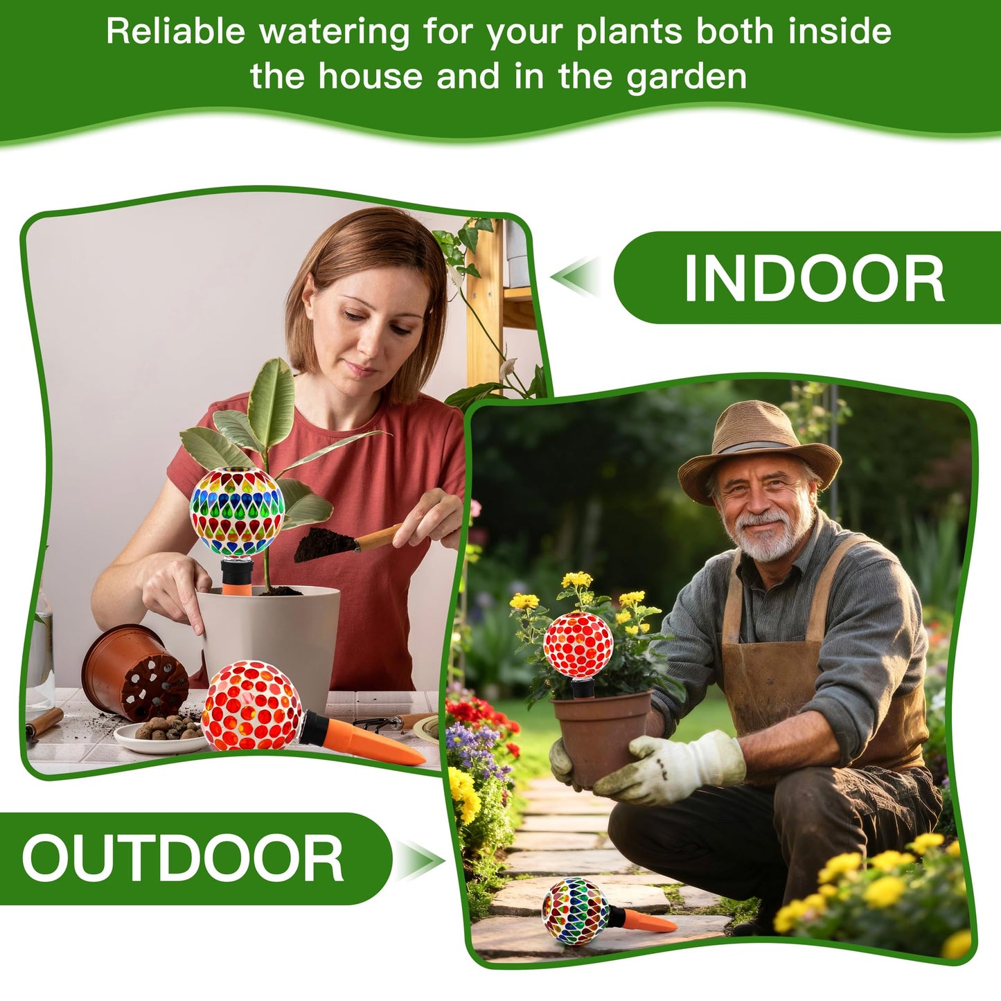 SAVENNA Mosaic Plant Watering Globes with Terracotta Spikes, 17oz Glass Self Watering Globes for Indoor & Outdoor Potted Plants, Decorative Water Drippers, Set of 2